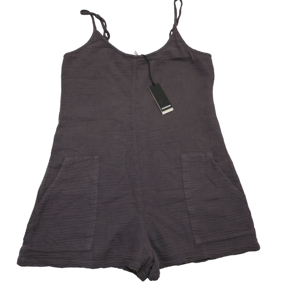 Monrow Romper XS Women Grey NEW Cotton Double Gauze Adjustable Strap Pocket